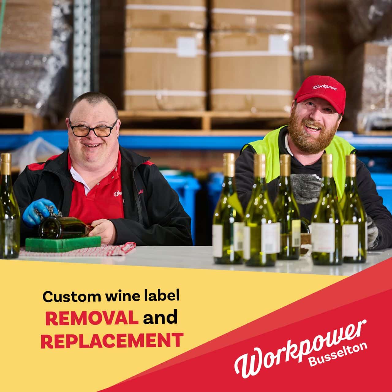 Photo of Workpower Busselton employees adding labels to wine bottles.